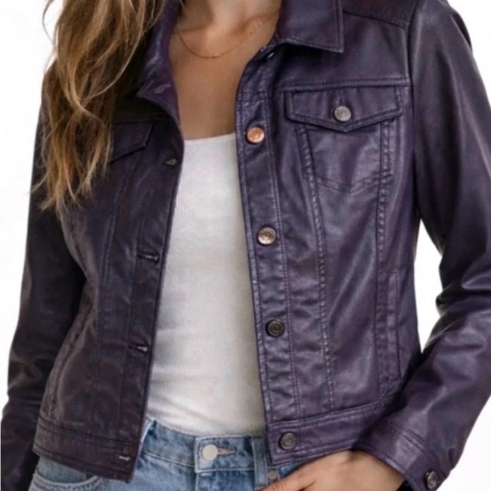 White House black market coated denim Women's Purple faux Leather Jacket - Picture 1 of 3